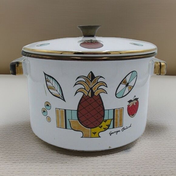 VTG MCM 2 qt Sauce Pot Lid Georges Briard Pineapple Enamelware 60s Retro - Picture 1 of 16